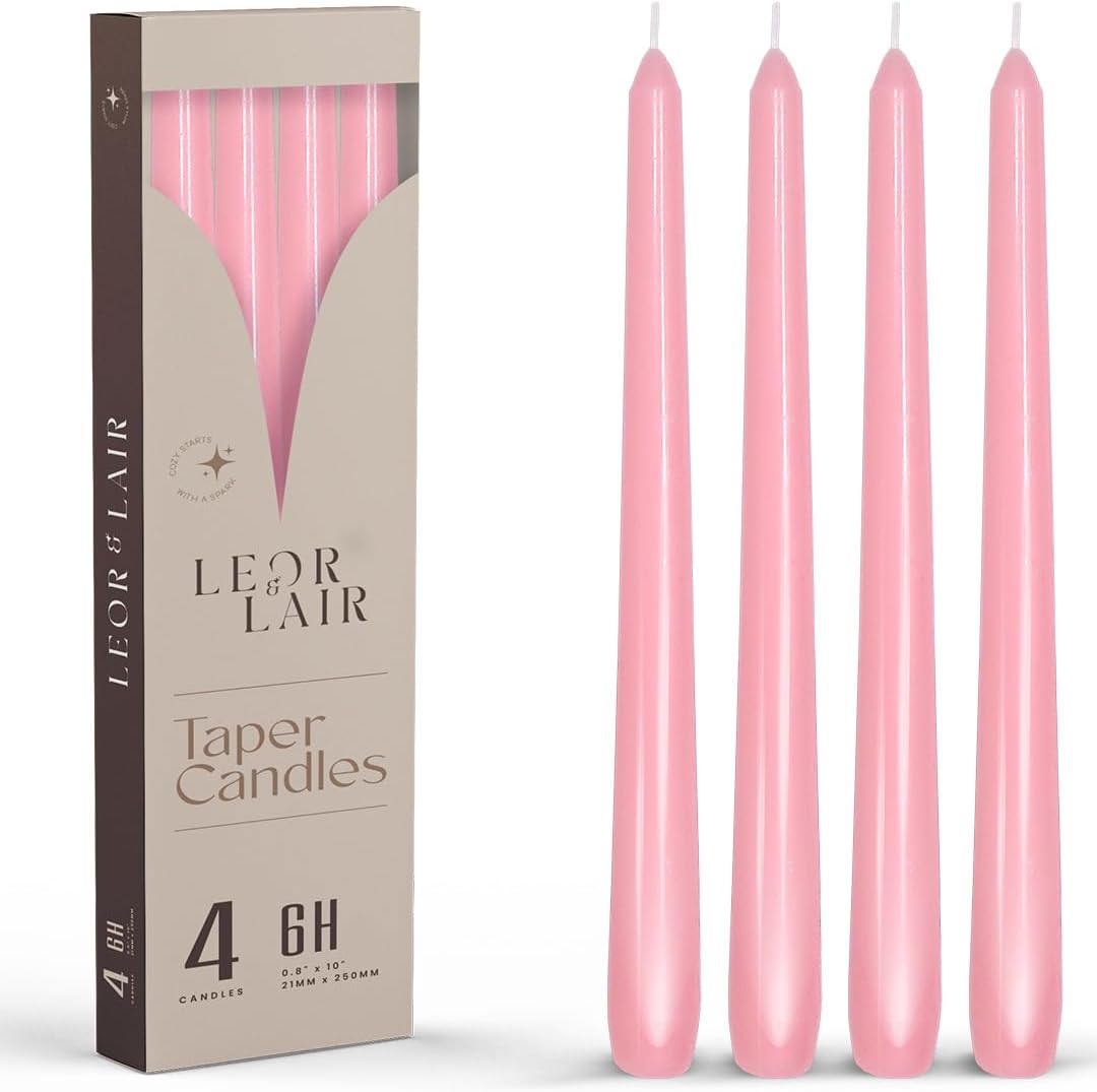 Leor & Lair Light Pink Taper Candles - 4 Pack 10" Pink Candlesticks - Unscented Blush Candles for