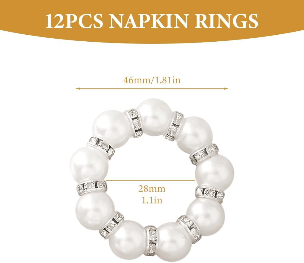 12Pcs Pearl Napkin Rings, Round Napkin Buckles Wedding Beaded White Napkin Rings Silver Napkin Ring