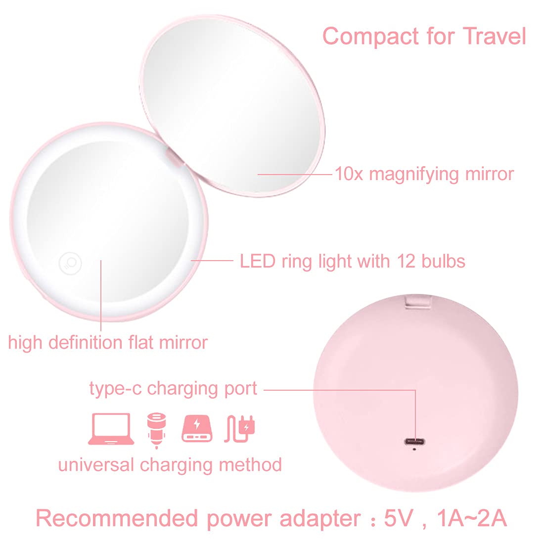 Compact Mirror with LED Light,1x/10x Magnifying Rechargeable Mirror,3.5in, Dimmable Travel Mirror