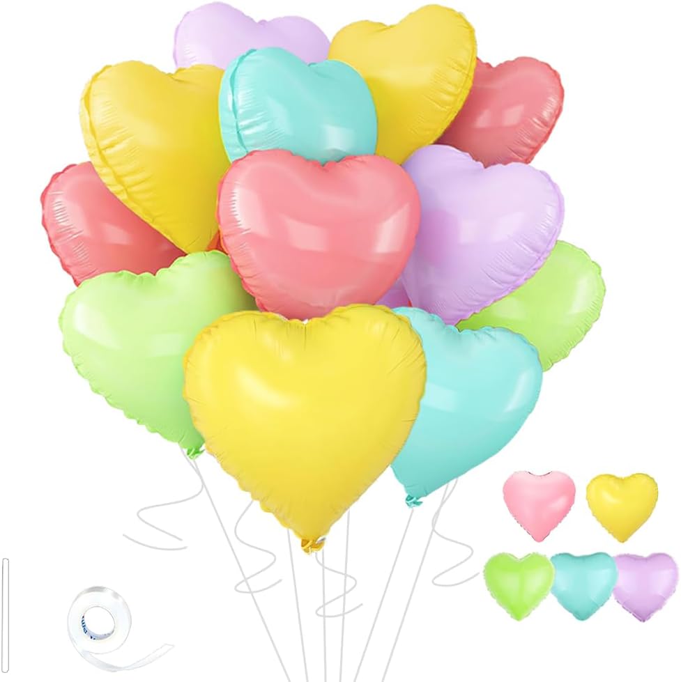 5 Colors Heart Balloons，18 Inch Color of Macaron Foil Mylar Love Heart Shaped Balloons for
