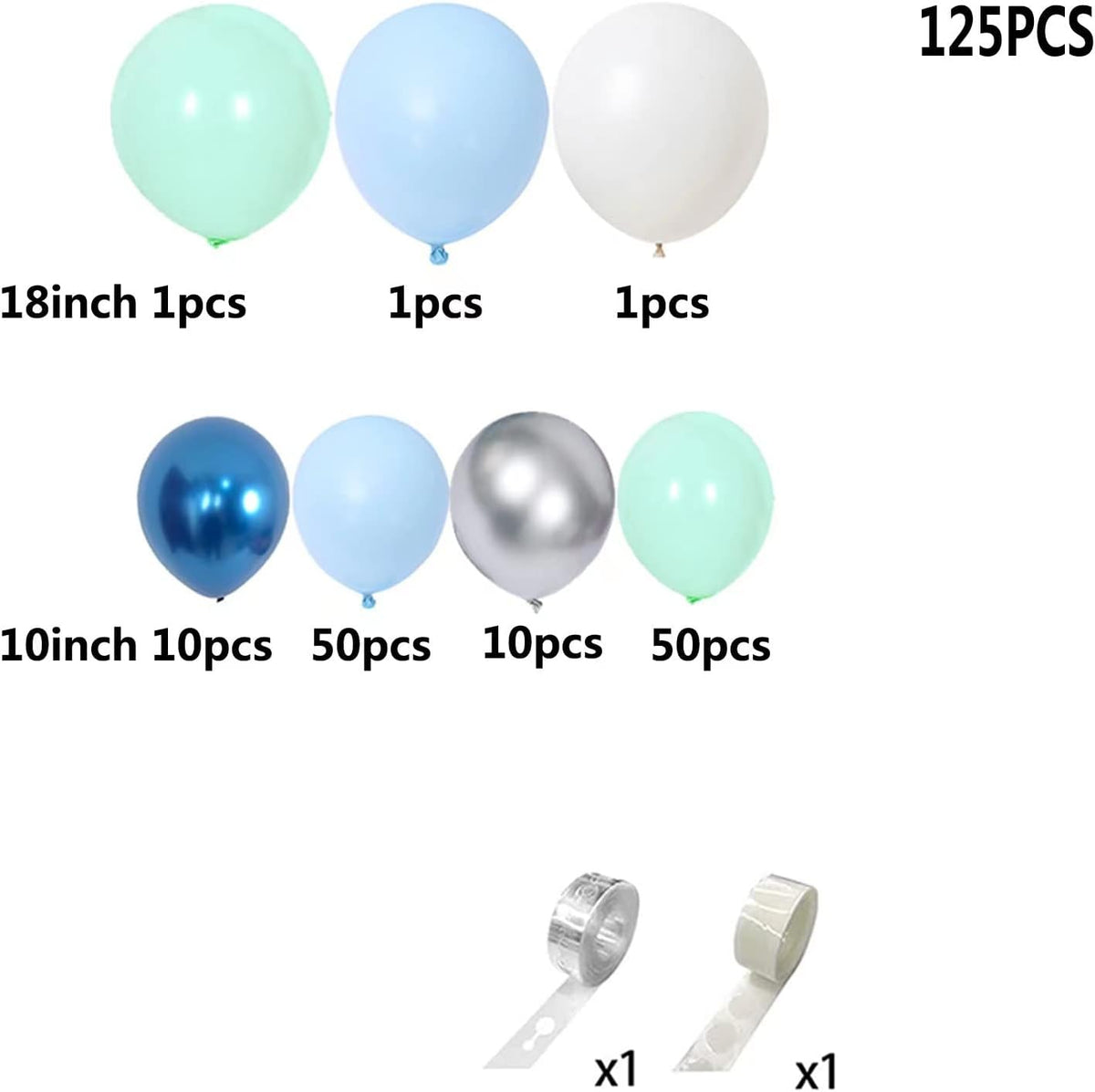 125pcs Blue Green Macaron Balloon and Metallic Blue Silver Balloon Garland Kit for Birthday
