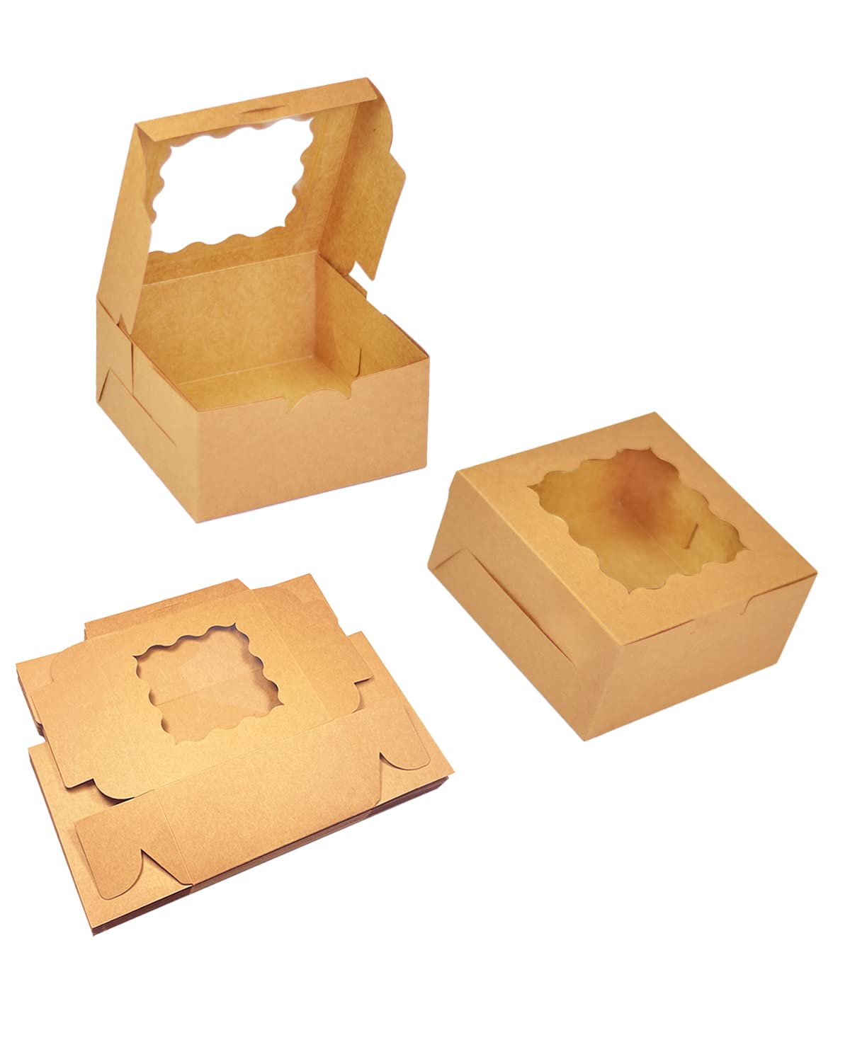 Bakepacker 100pcs Kraft Cookie Boxes 6x6x3 inches Easy Assemble Macaroon Pastry Boxes Bakery Boxes