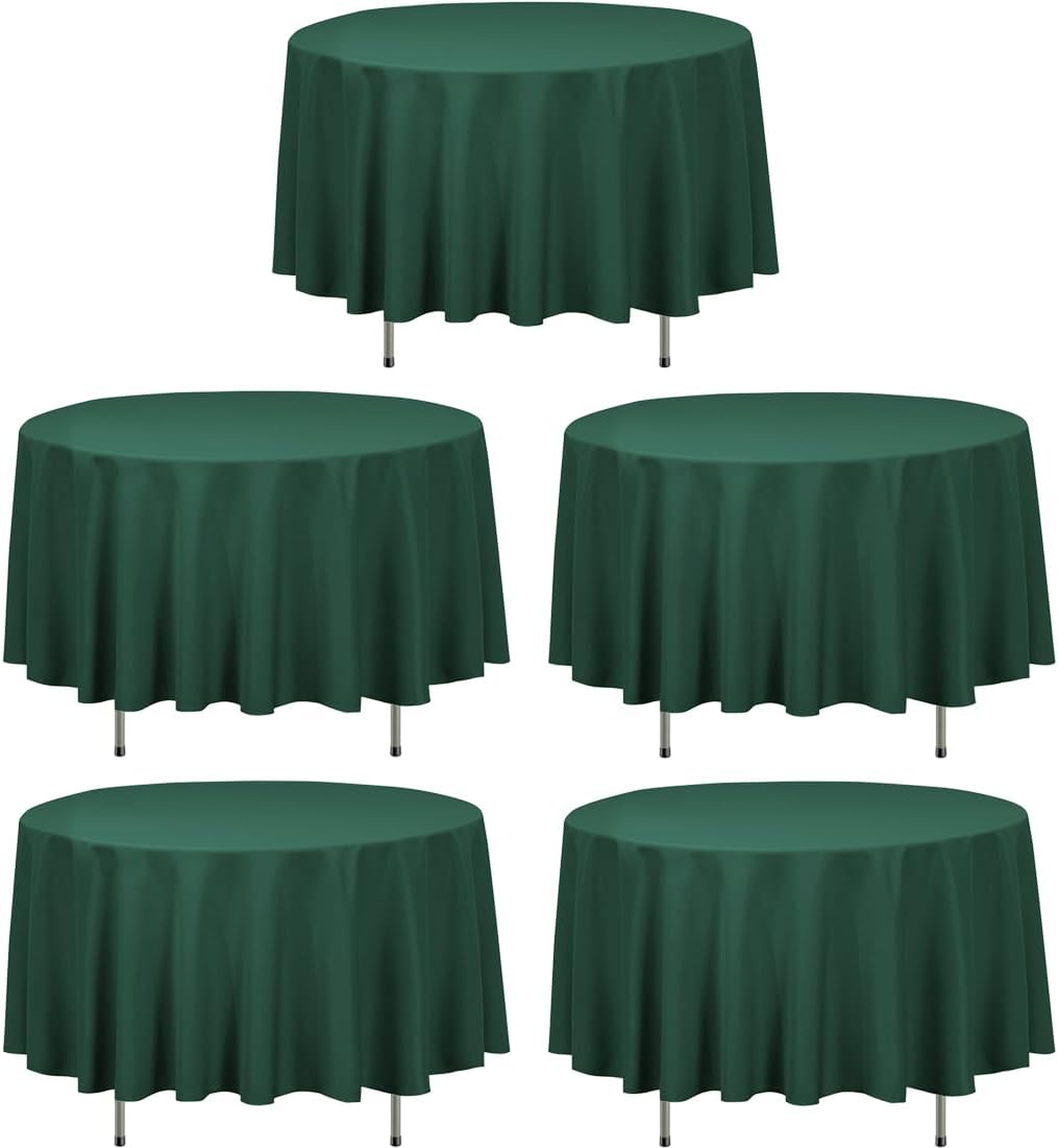 LTC LINENS 5 Pack 90 Inch Round Tablecloth Hunter Green - Wrinkle Resistant Table Cloth for Round