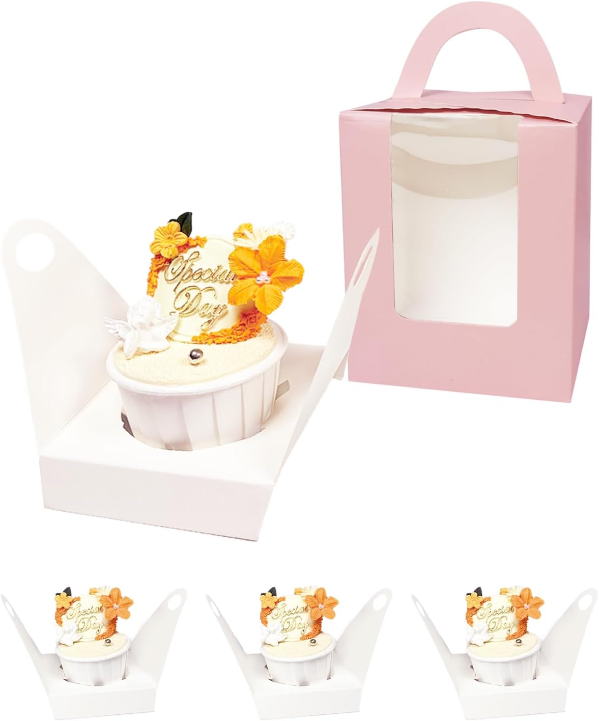 Bakepacker Auto-pop up Individual Cupcake Boxes with Window 60 Count Pink Single Cupcakes Box 3.6 x