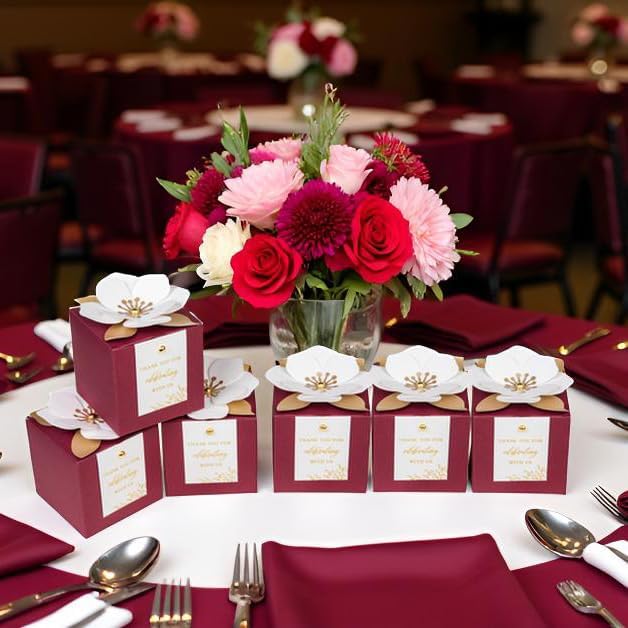 FEIYI 20 PCS Burgundy Gift Boxes, 3 In 1 Favor Boxes with Floral Decor, White Thank You Tags