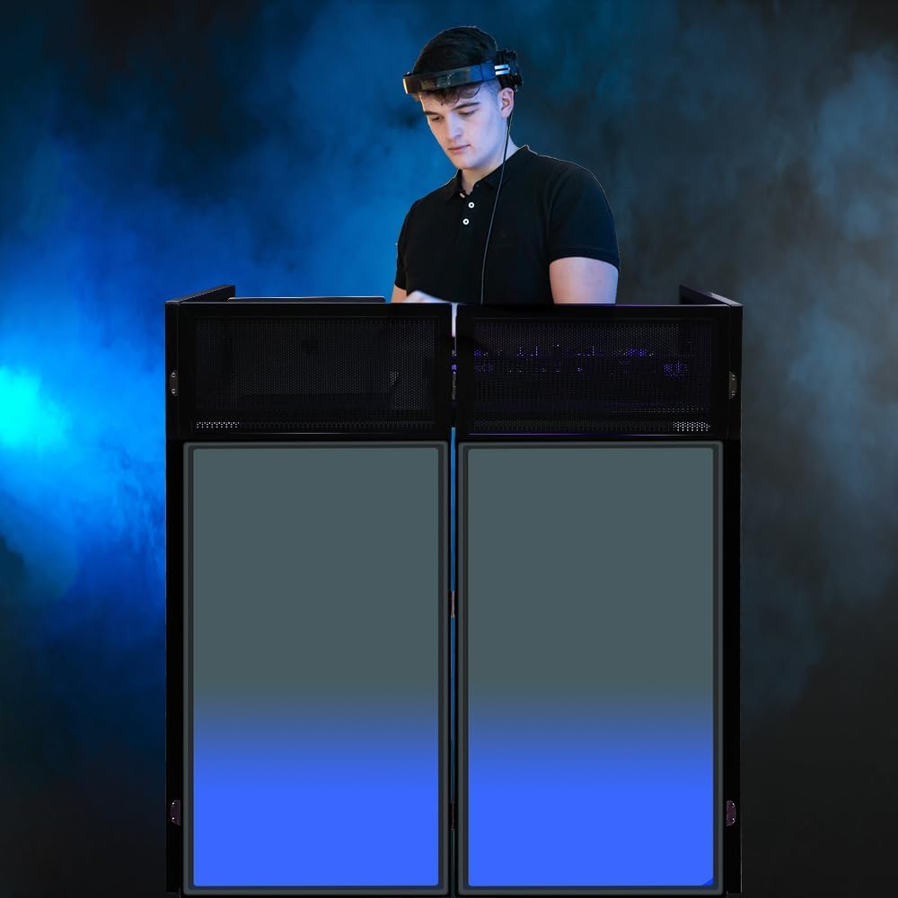 LUCKUP Portable DJ Booth 41"L x 20"W DJ Facade with White & Black Scrim, Foldable DJ Table Station