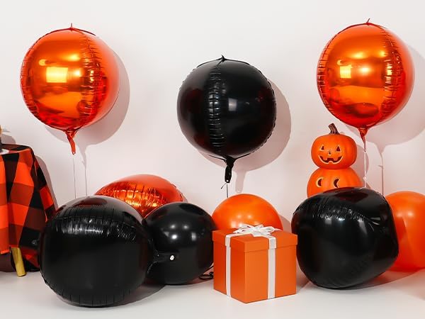6Pcs Black Orange Round Foil Balloons,Giant 4D Round Ball Balloon,22 Inch Metallic Orange Black