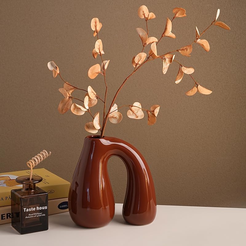 Brown Ceramic Vase – Glossy Modern Sculptural Décor, Arch Handle Artistic Design, Warm Earth-Tone