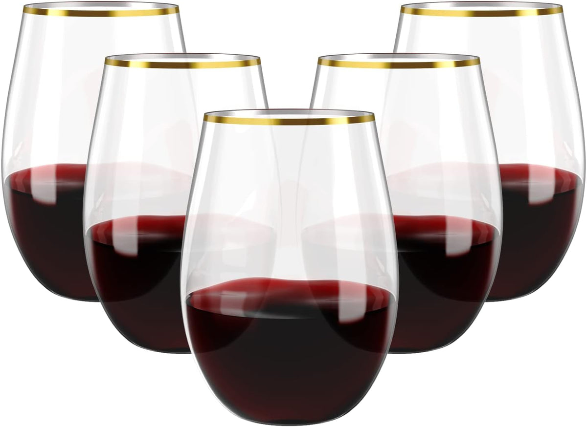 FOCUSLINE 20pcs 16 Oz Plastic Wine Glasses, Stemless Gold Rim, Heavy Duty Disposable Drinking Cups