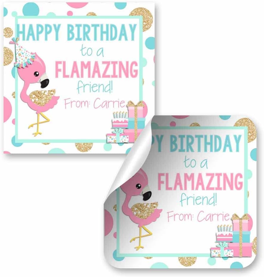 Custom & Personalized FLAMAZING Flamingo Happy Birthday Gift Tag Sticker Labels, 24 2.5" Square