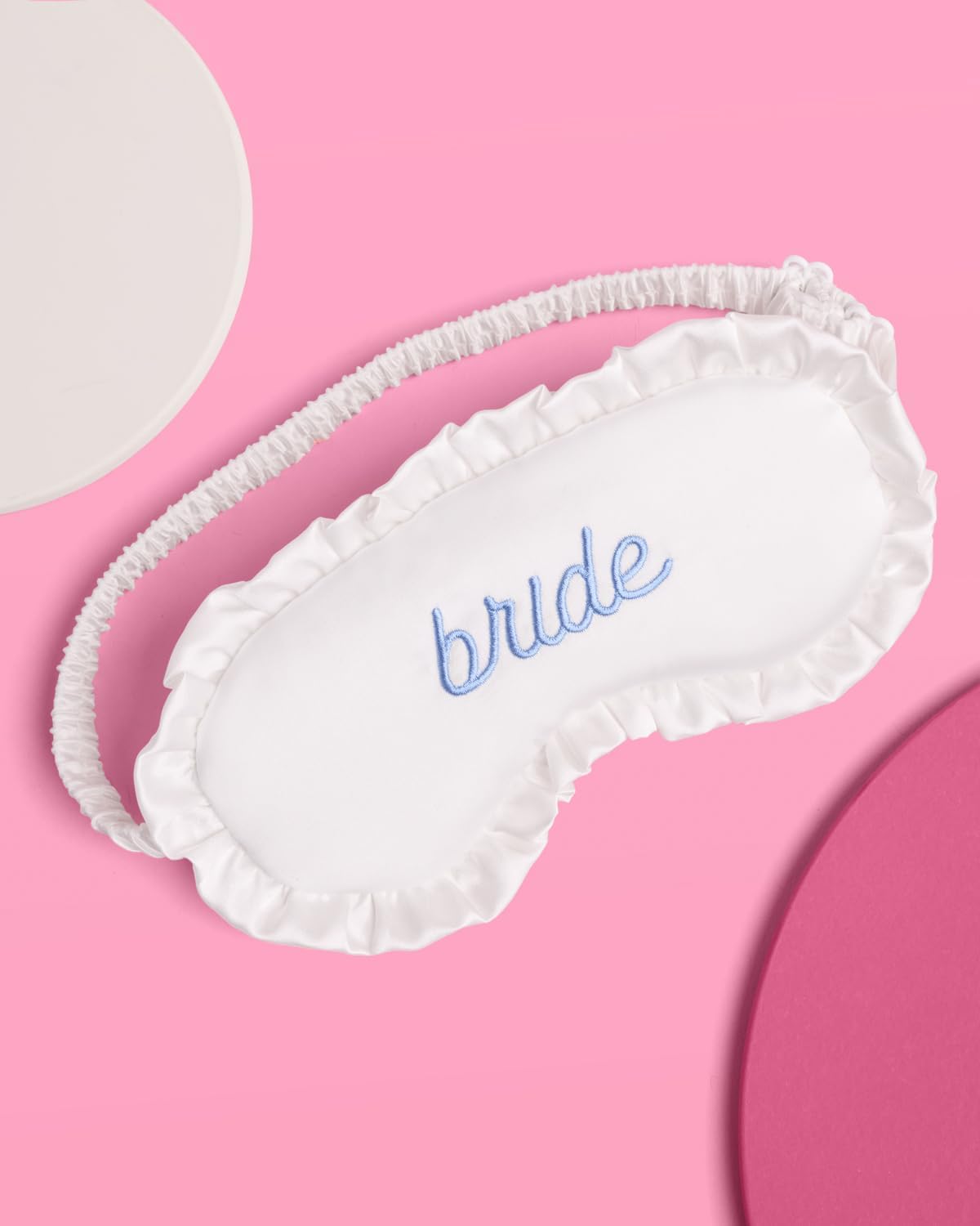 xo, Fetti Ruffled Bride Sleep Mask, White Satin + Blue Embroidery | Bachelorette Party Decorations