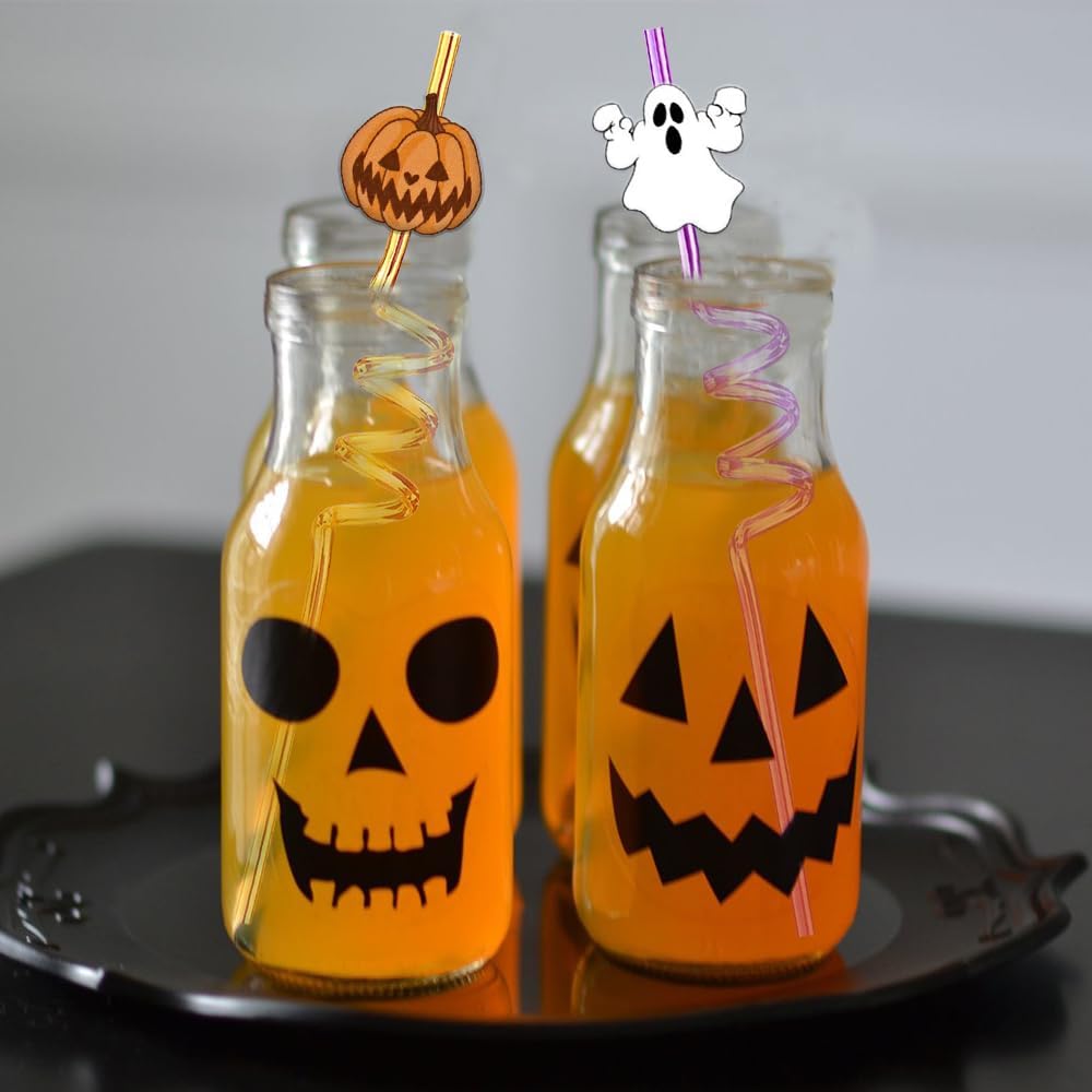 24 Pcs Halloween Party Favors - Reusable Plastic Crazy Straws with Bats, Pumpkin, Witch, Ghost