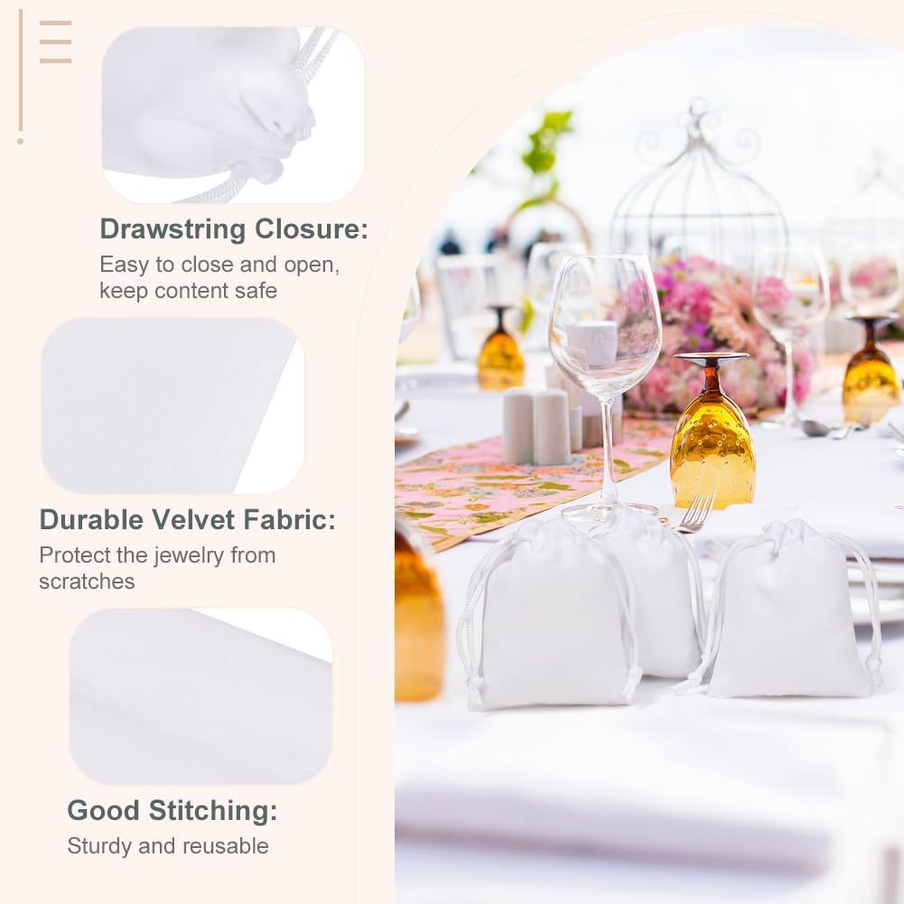 Shintop 50pcs Little velvet gift bags, 3x4inch White Jewelry Bags Drawstring Coin Pouches for Party