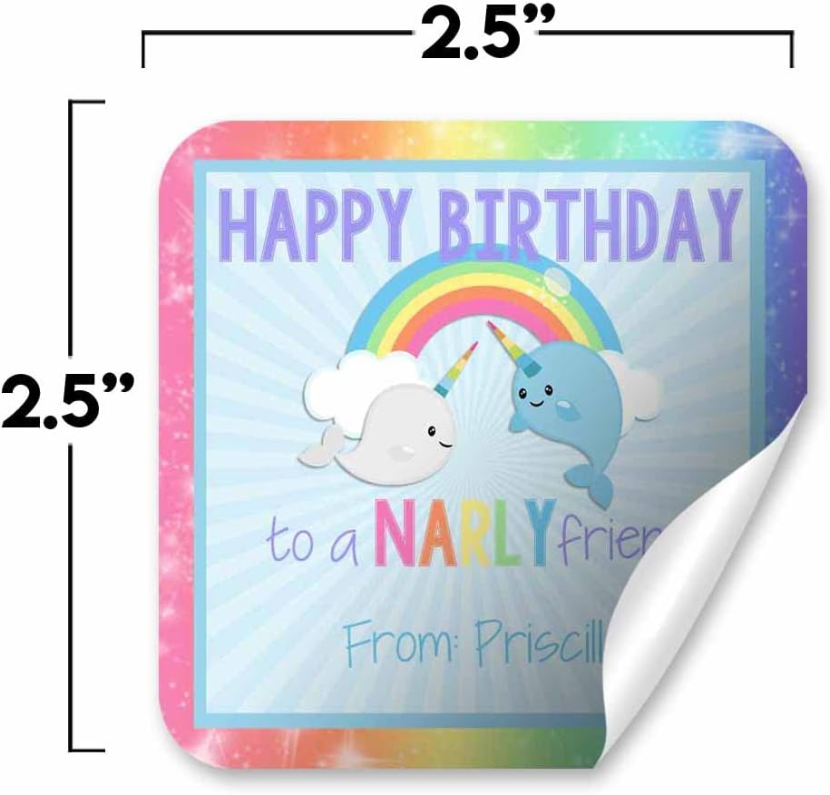 Custom & Personalized Narwhal Unicorn of The Sea Happy Birthday Gift Tag Sticker Labels, 24 2.5"