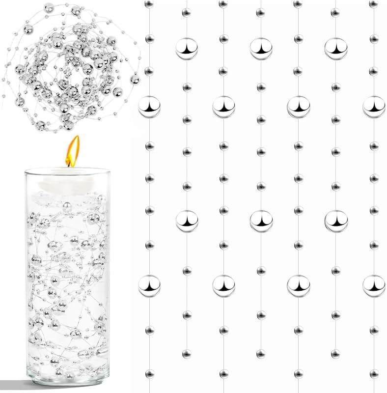 50pcs Pearls String Beads of Pearls, 10+5mm Silver Artificial Pearl String for Floating Candles