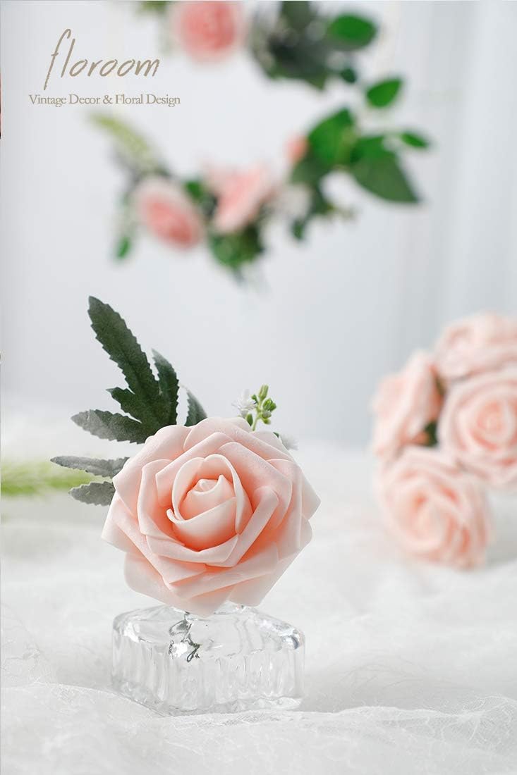 Floroom Artificial Flowers 25pcs Real Looking Blush Foam Fake Roses with Stems for DIY Wedding