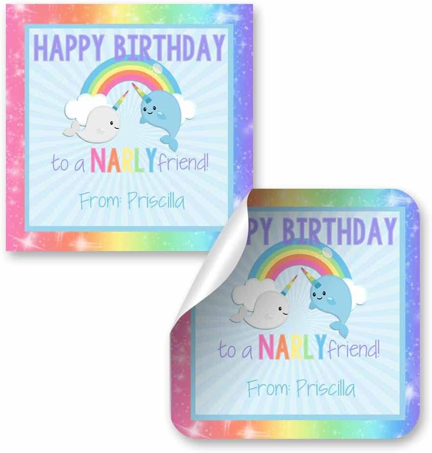 Custom & Personalized Narwhal Unicorn of The Sea Happy Birthday Gift Tag Sticker Labels, 24 2.5"