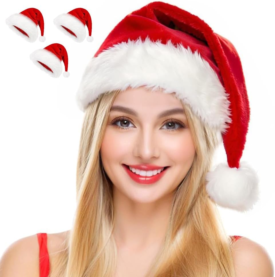 Santa Hat for Adults Christmas Hat Red Velvet Double-Layer Thickening Unisex Holiday Xmas Hats for
