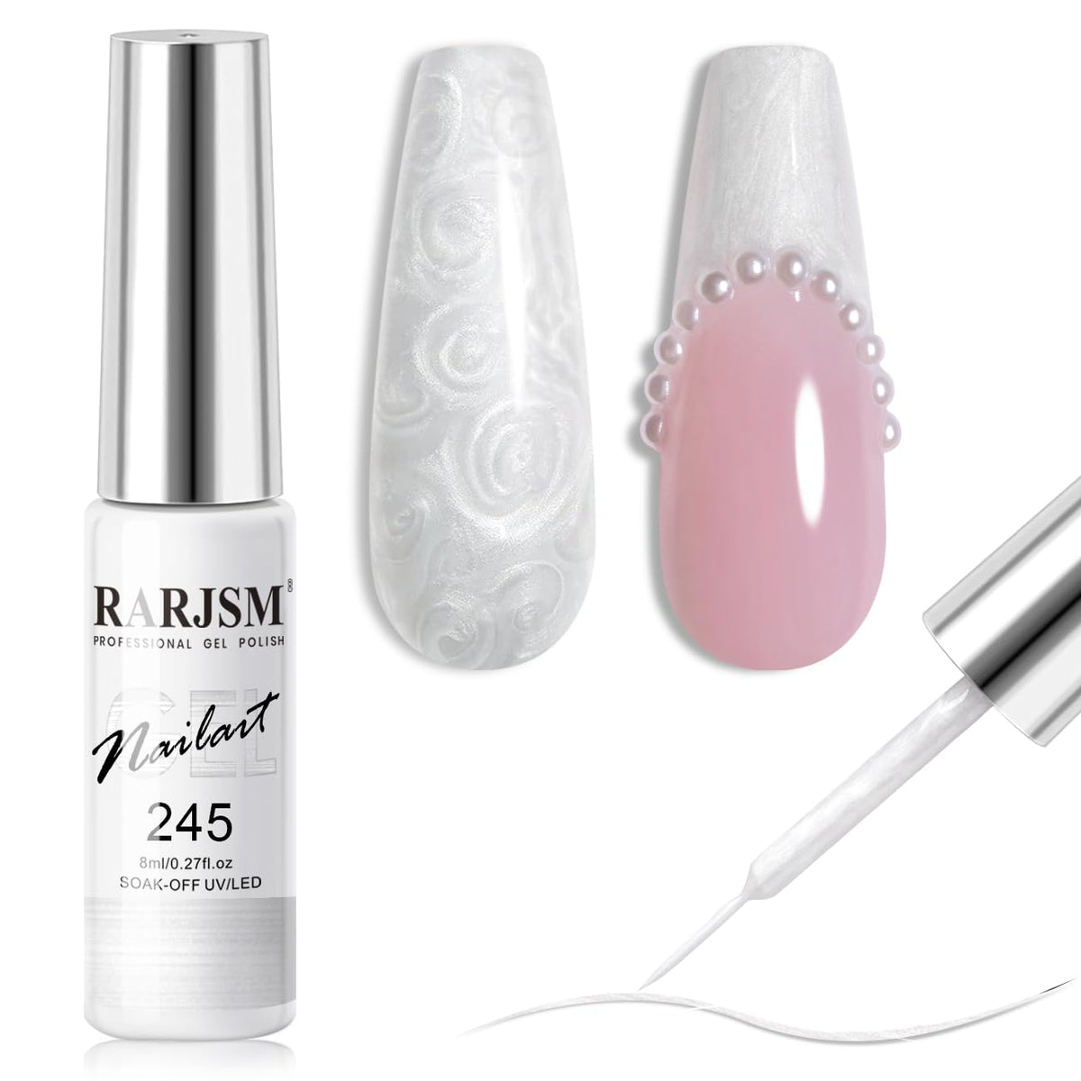 RARJSM Pearl White Gel Liner Nail Art Pearlescent Silver Shell Glitter Swirl Effect Gel Polish 8ml