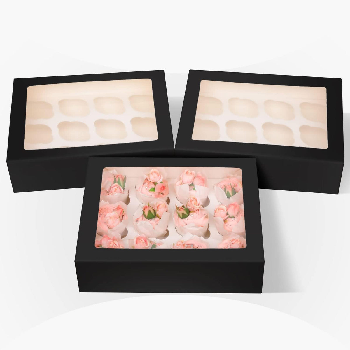 Bakepacker Auto-pop up 12 Cupcake Containers 6-Packs Black Cupcakes Carrier, 12 Cupcake Boxes with