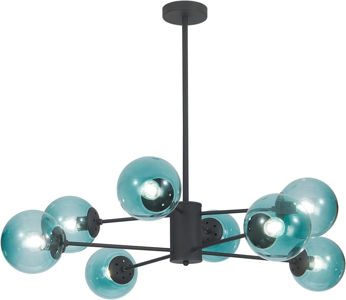 KCO Lighting Modern 8-Lights Blue Glass Sputnik Chandelier Mid-Century Matte Black Globe Flush
