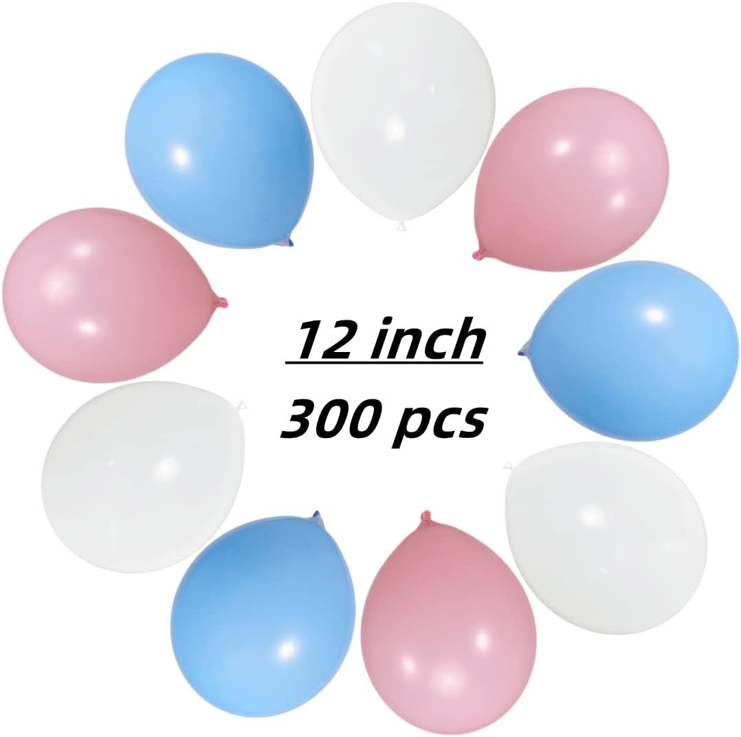 300 Pack White Pink and Blue Balloons 100 of each of the 3 colors 12 inch White Light Pink Light