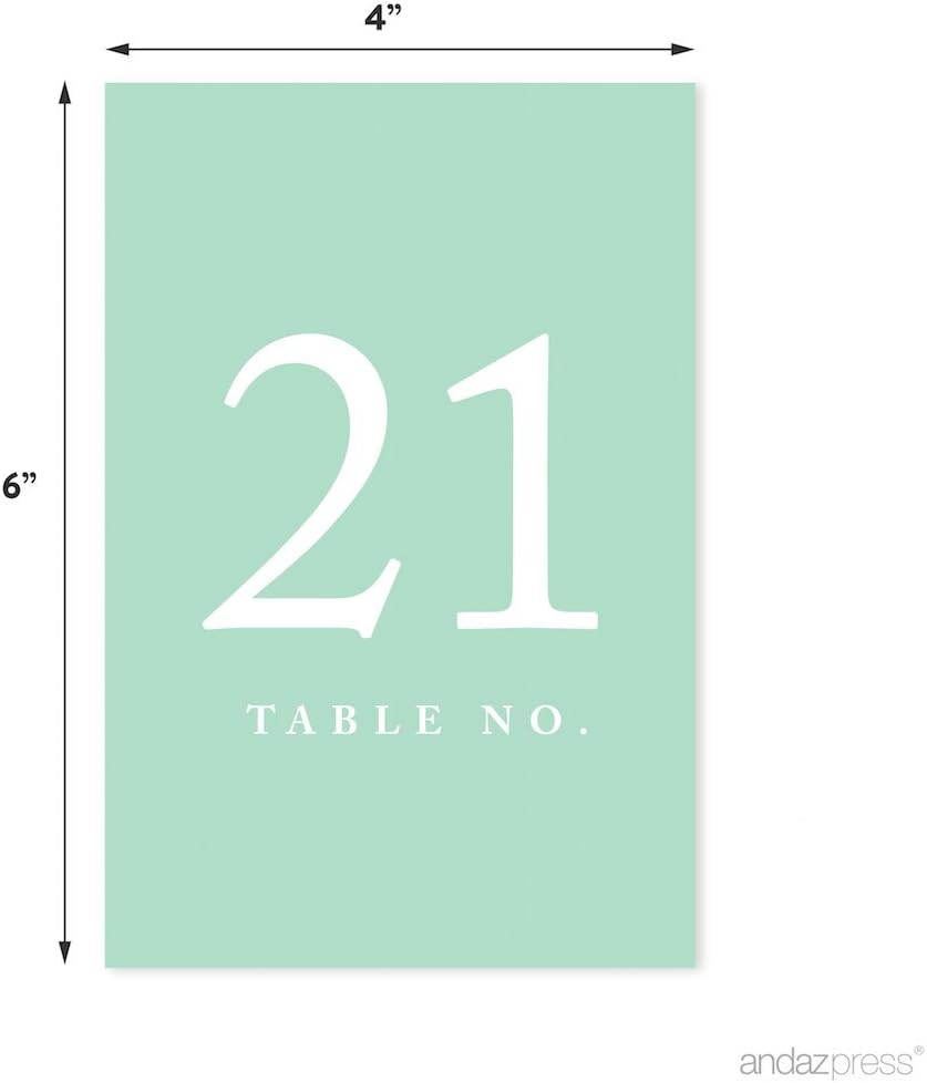 Andaz Press Mint Green Wedding Table Numbers 21-40, 4x6-Inches Table Number Cards For Wedding