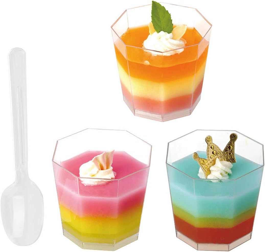 Foraineam 100 Pack 5.4 oz. Clear Plastic Dessert Cups with 100 Spoons Disposable Reusable Appetizer