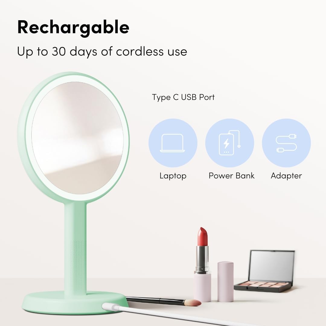 Fancii Cami Handheld Travel Makeup Mirror with Lights, Rechargeable, Extra Large, Double Sided 5X /