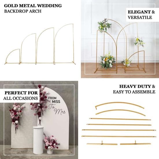 Tableclothsfactory 8ft Gold Metal Wedding Arch Chiara Backdrop Stand, Half Moon Floral Frame Arbor