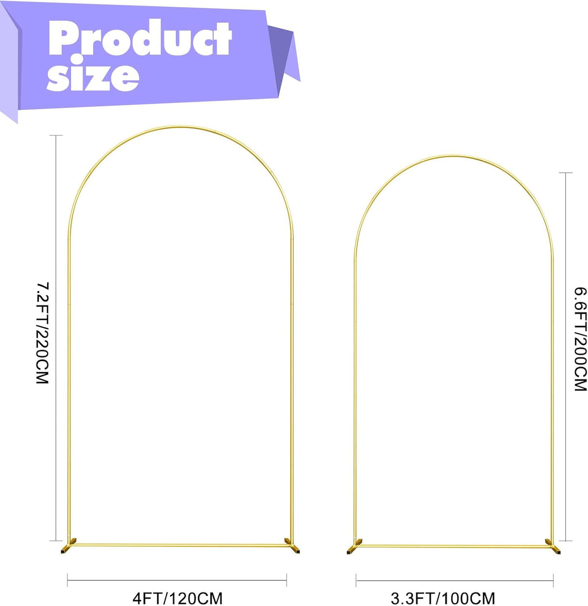 Wedding Arch Backdrop Stand Set of 2 Aluminum Gold Arched Frame (7.2FT, 6.6FT) for Birthday Party