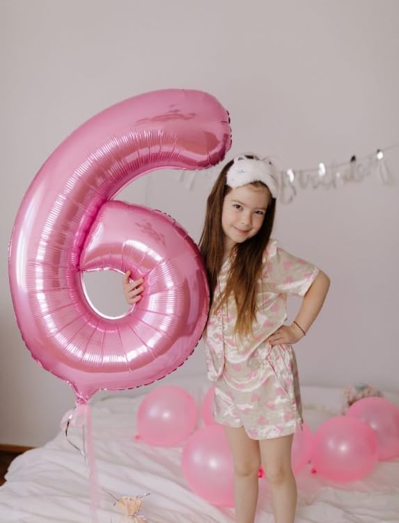 40 Inch Pearlescent Pink Mylar Foil Number 6 Birthday Balloon, Digital Balloons for 6 16 Boy Girl