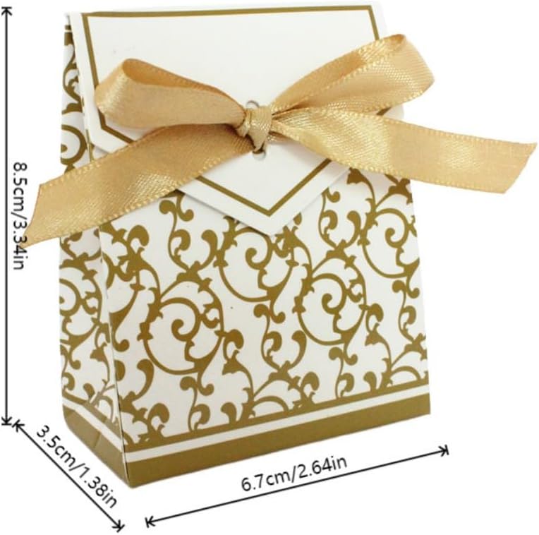 KUPOO 50PCS Candy Boxes,Gold Ribbon Wedding Favor Boxes Candy Bag Cake Box for Wedding Party