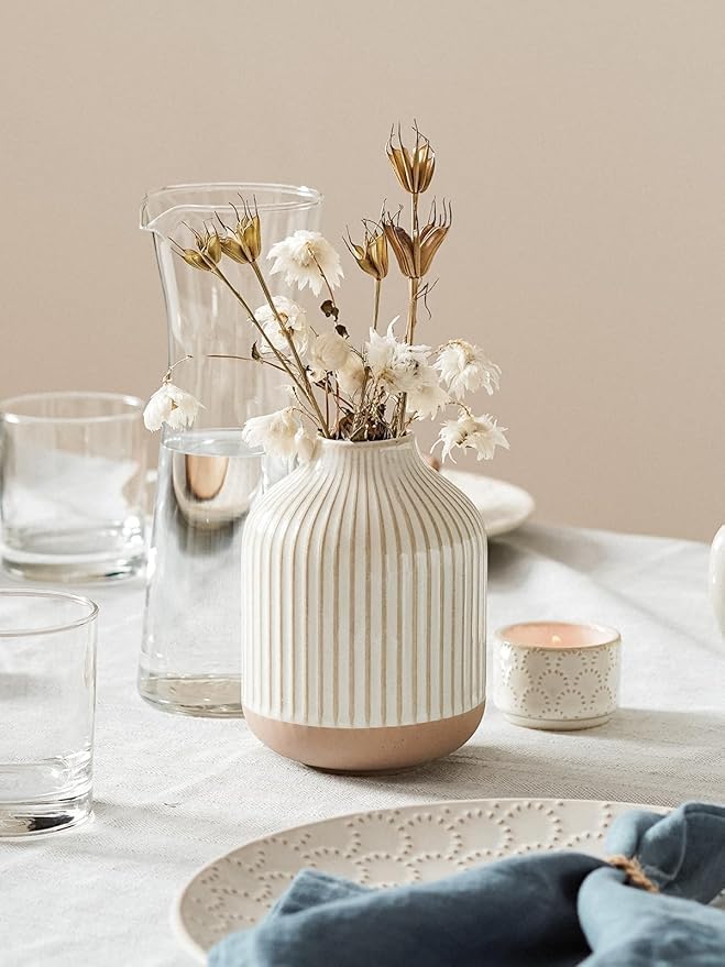 Boho Farmhouse Small Ceramic Vase for Pampas Grass & Flowers - 5.3 Inch Rustic White Vase