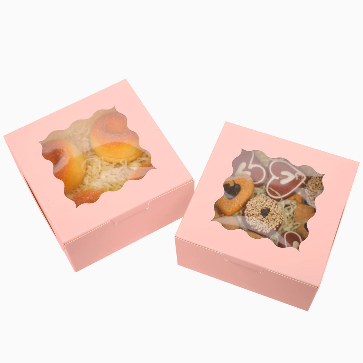 Bakepacker 100pcs Pink Bakery Boxes with Window 6x6x3 inches Thick & Sturdy Macaroon Pastry Boxes