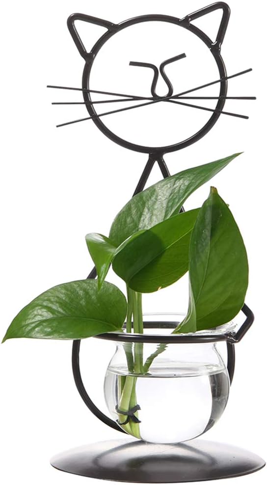 Marbrasse Desktop Glass Planter Vase Holder, Modern Creative Cat Plant Terrarium Metal Stand for