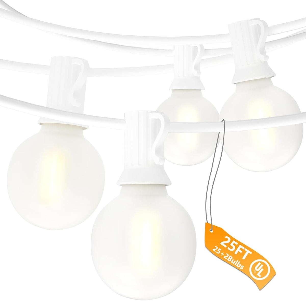 SUNSGNE 25Ft G40 LED Outdoor White String Lights with 27 White Frosted Shatterproof Globe Bulbs (2