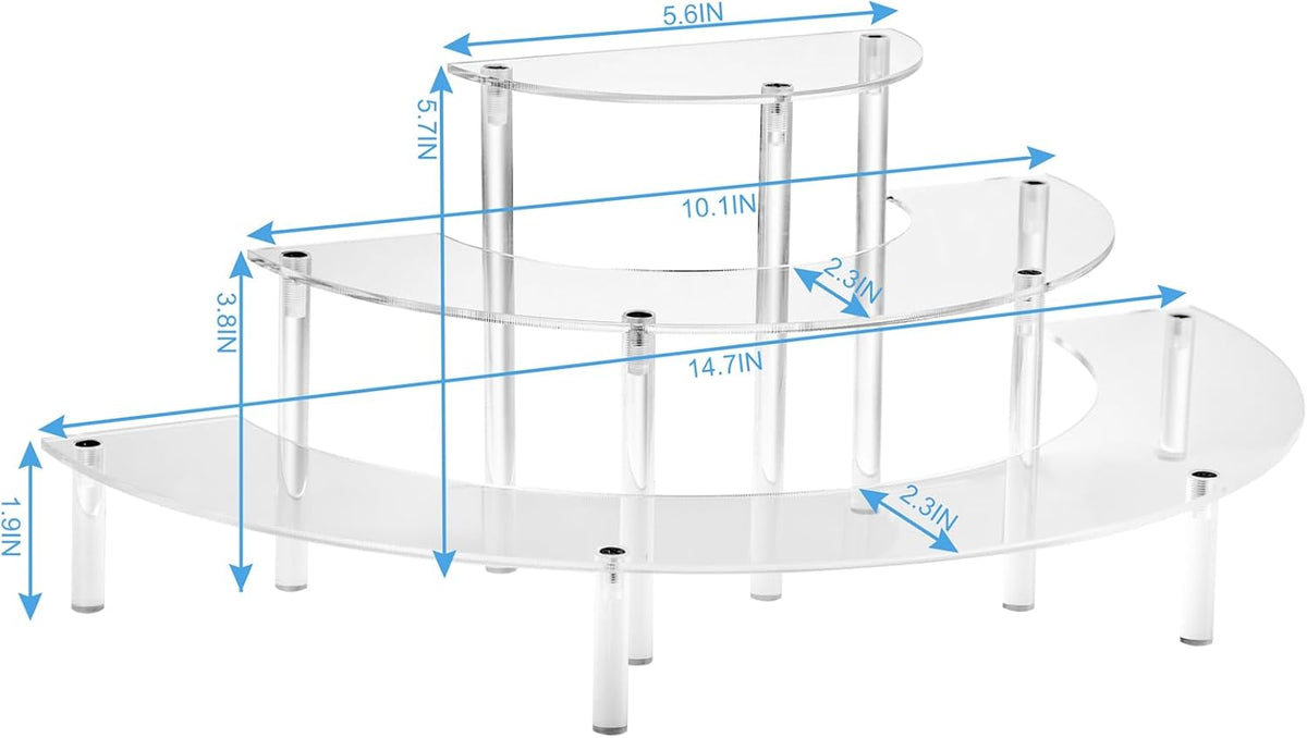 Acrylic Display Riser - 3 Tier Clear Cupcake Stand, Perfume Organizer, Half Moon Dessert Stand