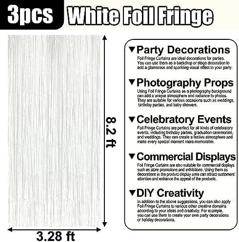 3 Pack Macaron White Foil Fringe Curtain Backdrop, 3.28Ft x 8.2Ft Metallic Tinsel Foil Fringe