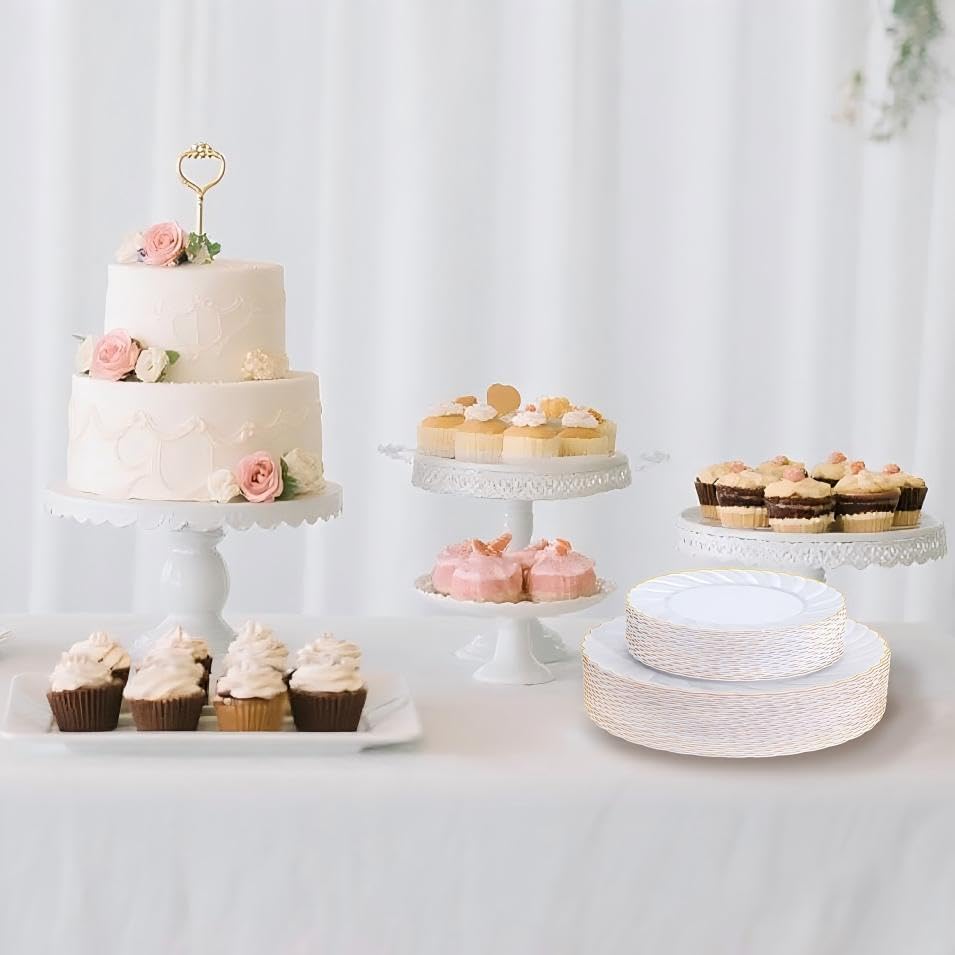 U-QE 60 Pcs White Plastic Plates with Gold Trim – Scalloped Plastic Plates Heavy Duty - Include 30
