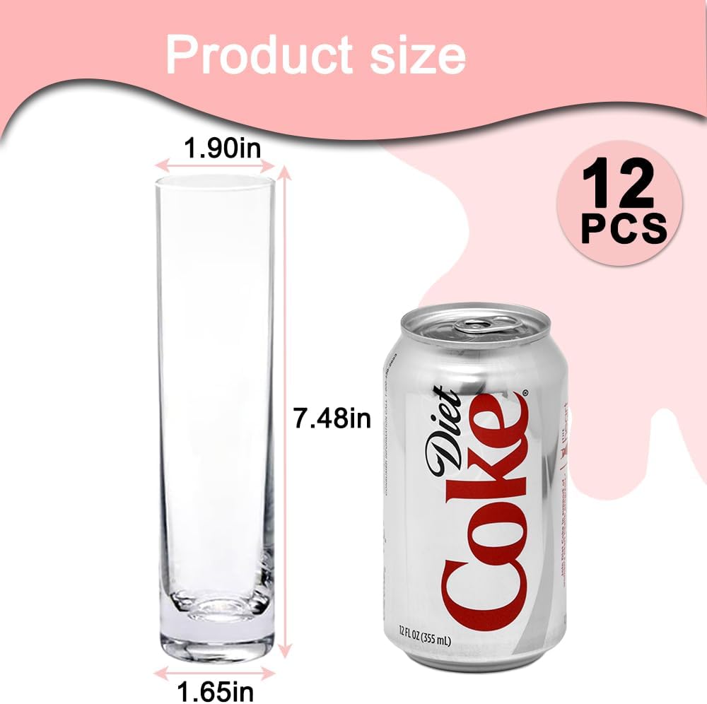 12 Pack 7.5 Inch Glass Cylinder Bud Vases for Centerpieces Clear Slim Flower Vases Tall Glass