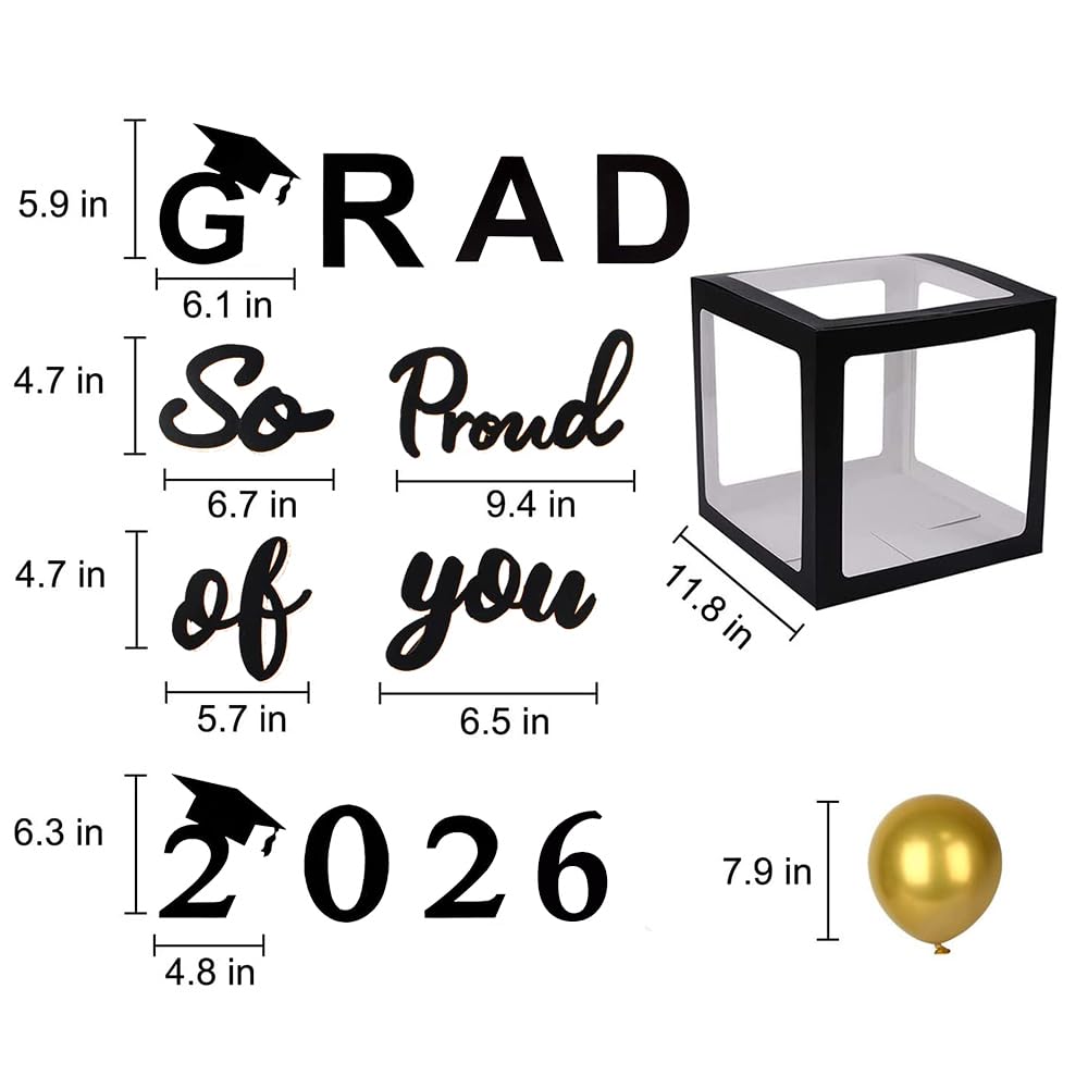2026 Graduation Party Decorations - Black Balloon Boxes with Letters, "GRAD" & "So Proud of You" &