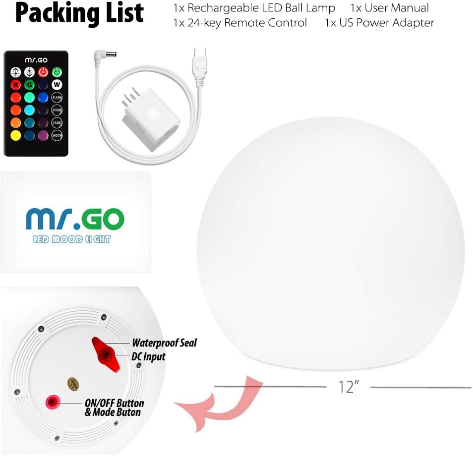 Mr.Go 12-inch Rechargeable LED Ball Light, RGB Color-Changing Globe Orb Lamp w/Remote, Home Kids