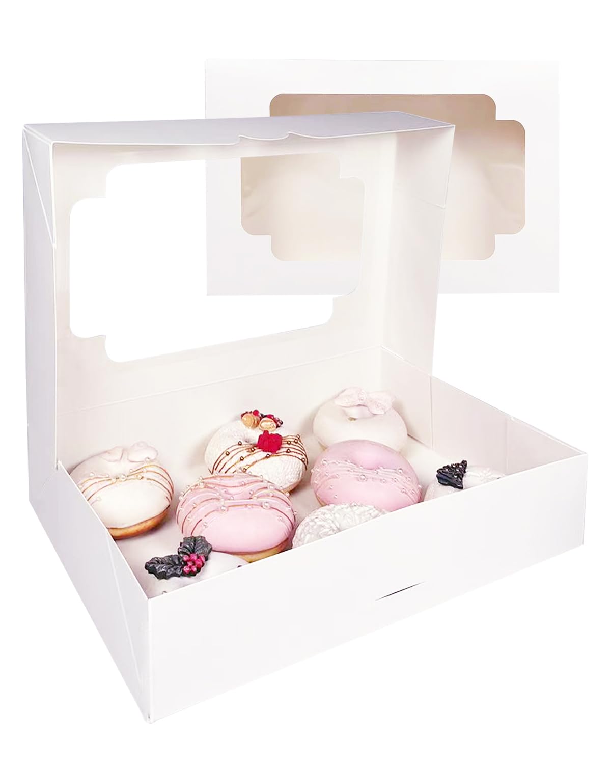 qiqee Auto-pop up White Cookie Box with Window 12x8x2.5 inch 32 Packs Two Uses One Second Folding