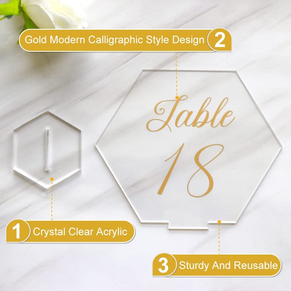 OurWarm Large Acrylic Wedding Table Numbers 1-20, Gold Printed Calligraphy Place Cards with Stand