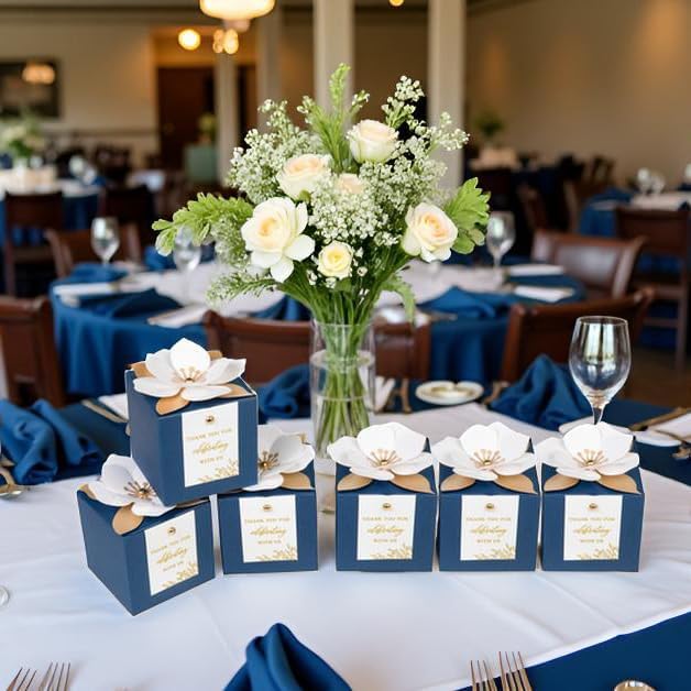 FEIYI 20 PCS Navy Blue Gift Boxes, 3 In 1 Favor Boxes with Floral Decor, White Thank You Tags