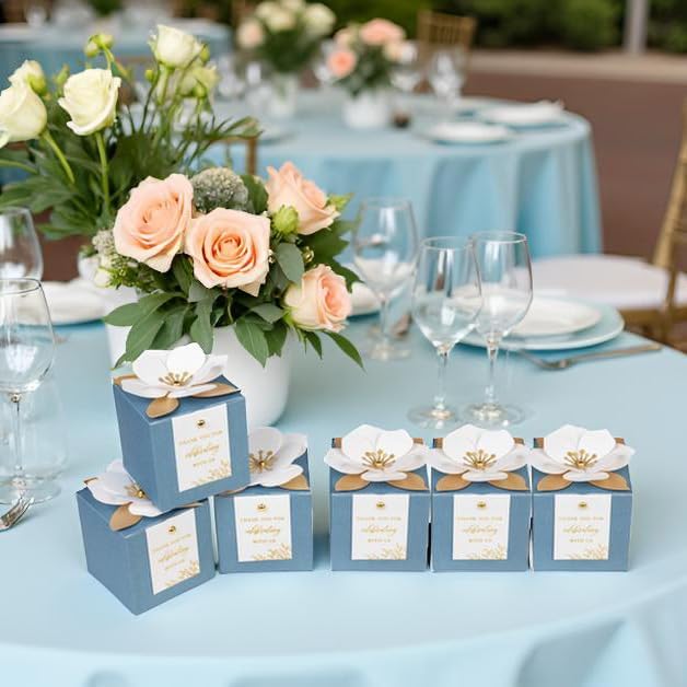 FEIYI 20 PCS Dusty Blue Gift Boxes, 3 In 1 Favor Boxes with Floral Decor, White Thank You Tags