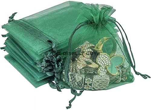 TheDisplayGuys 48-Pack 2" x 2-3/4" Dark Green Sheer Organza Gift Bags with Drawstring, Jewelry