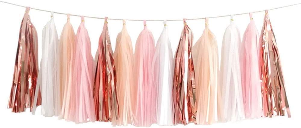ZOOYOO Pink Shiny Tassel Garland Tissue Paper Tassel Banner,Table Decor,DIY Kits for Tassels Party