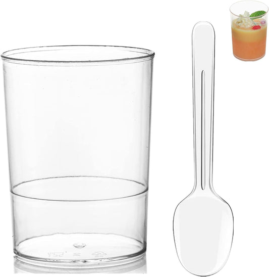 100 Pack Mini Dessert Cups, 3oz Clear Shooter Cups with Spoons, Plastic Mousse Cups for Party, Ice